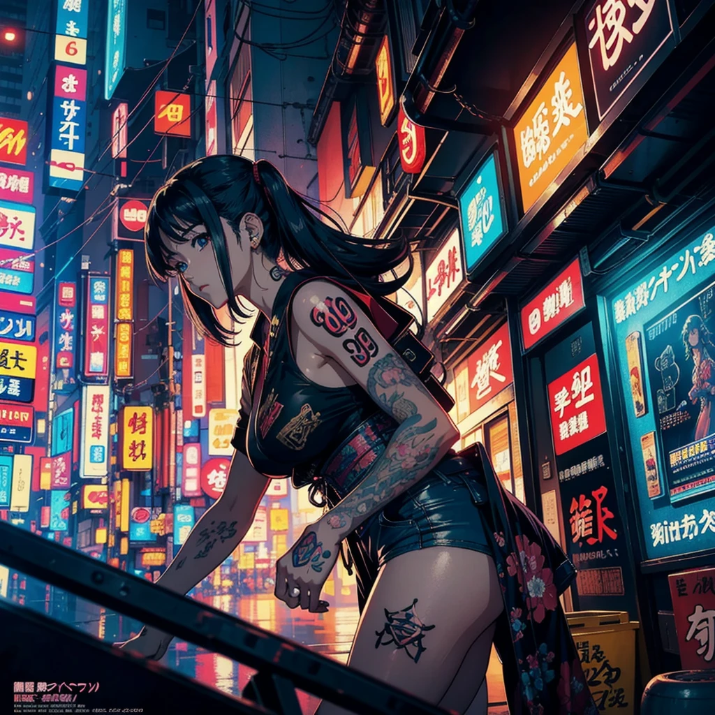 Japanese retro poster, best quality, 8k, ultra detailed, estilo anime 90's, 90's, cyberpunk scenario, ultra detailed tattoos,poster vintage ultra detailed 