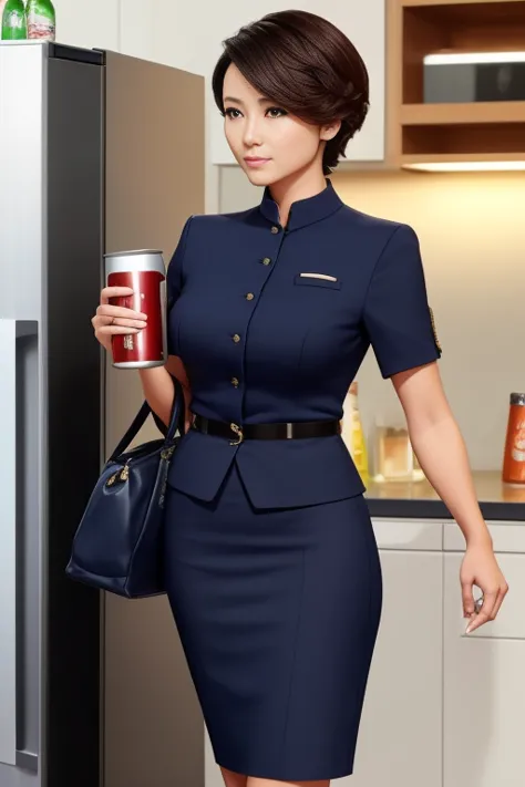 2 career woman in a suit、hairstyle: short hair permanent、the bottom is a navy blue tight skirt、with a tired look on his face, he...