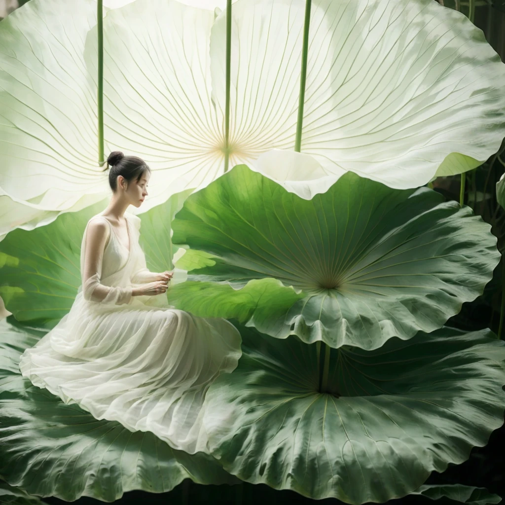 girl，Solitary，Giant lotus leaf，Black Hair，skirt，Looking at the audience，
white skirt，OK，sit，单OK，Leaves，Long sleeve，Red lips，Practical