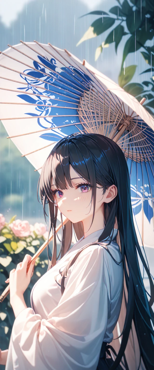 masterpiece, Extremely detailed CG unity 8k wallpaper, 1 girl, beautiful, Practical, Vague, Vaguered background, Vaguered foreground, Depth of Field, Practical, Solitary, Hanfu, Holding a paper umbrella, rain