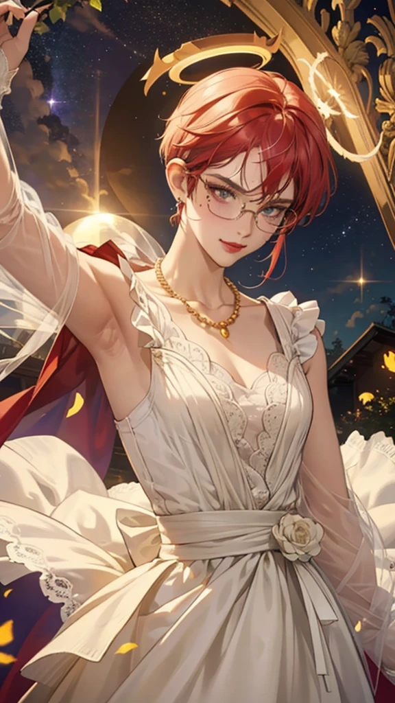 8k, masterpiece, best quality, highly detailed, 1 girl, tiefling, warlock, devil horns, pixie cut, multicolored hair, very short straight hair red highlight hair on white hair, strippled hair, wearing glasses, round glasses, earrings, red eyeshadow, long eyelashes, blushed cheek, red lips, pearl necklace, rings, collarbone, mole on face, glamorous, white and gold clothes, sleeveless, laced dress, smirk, close up view, rings, looking at viewer, solo, starry sky, radiant gold moon, standing, golden halo, white lace gloves, heavenly scene, halo, holy palace in background.