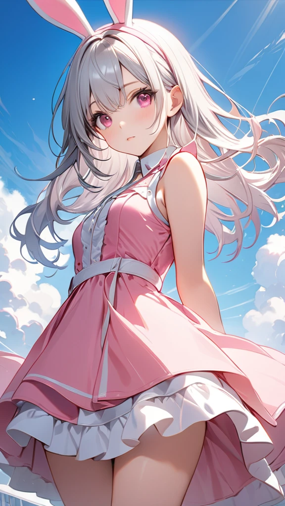 blue sky,(masterpiece, Highest quality:1.2), Silver Hair,Pink dress,Pink eyes,Bunny ears,One person, One personで,Mid length, girl&#39; I'm in love with you, Dynamic Random Shot, elastic thighs, ARW