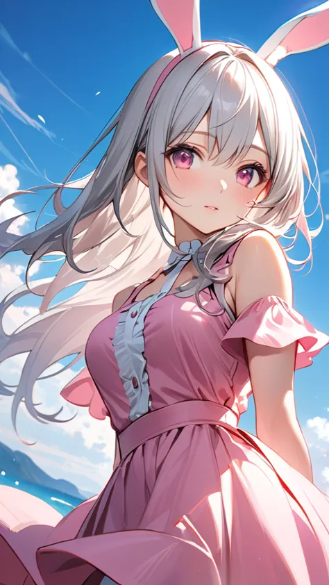 blue sky,(masterpiece, highest quality:1.2), silver hair,pink dress,pink eyes,bunny ears,one person, one personで,mid length, gir...