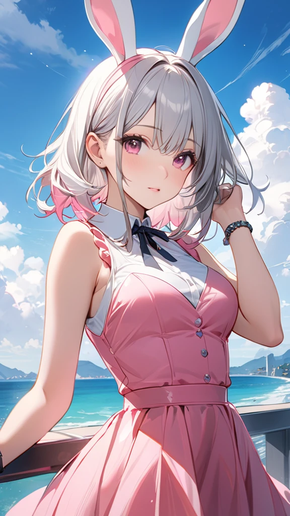 blue sky,(masterpiece, Highest quality:1.2), Silver Hair,Pink dress,Pink eyes,Bunny ears,One person, One personで,Mid length, girl&#39; I'm in love with you, Dynamic Random Shot, elastic thighs, ARW