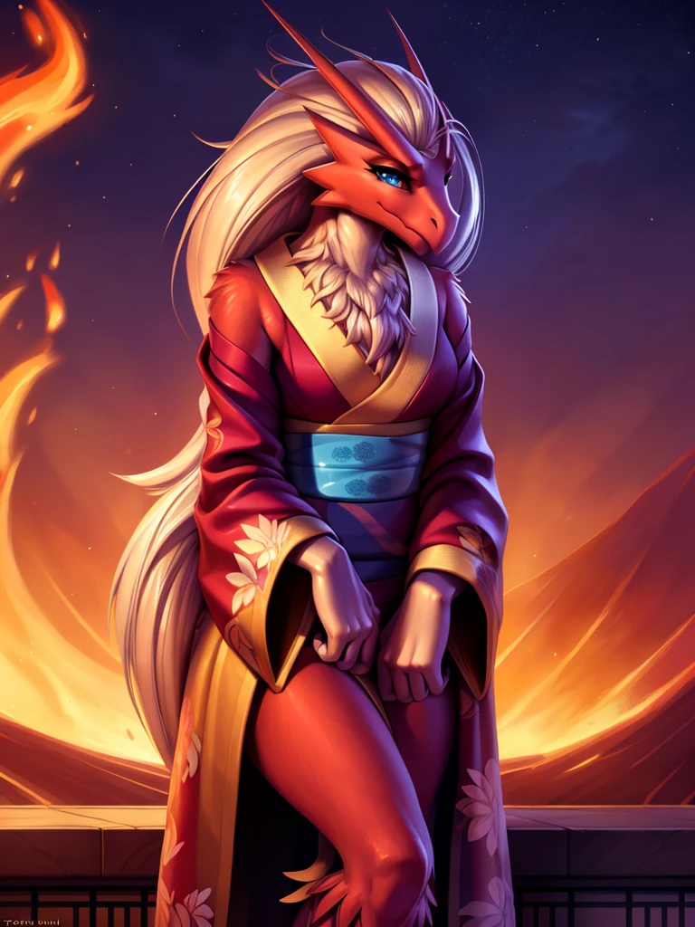 uploaded on e621, ((Blaziken)) by Pixelsketcher, by Bayard Wu, by Thomas Benjamin Kennington , by Einshelm, anthro, ((portrait, face focus, close-up)), BREAK, ((kimono:1.2)), wearing a kimono, long flowing kimono, red kimono, fire design on kimono, full body kimono)), (detailed Bonifasko lighting), (detailed feathers), (detailed fur), (female Blaziken), BREAK, ((long flowing hair)), ((facing viewer)), (cinematic lighting), ((detailed background)), ((upper body portrait view)), (((portrair view))), (half body shadow), [backlighting], [crepuscular ray], [detailed ambient light], [gray natural lighting], [ambient light on the belly], (higher wildlife feral detail), [sharp focus], (shaded), ((masterpiece), medium breasts, furry Blaziken, bird face, furry Fantasy Art, furry Art, Commission for High Res, anthro Art, POV furry Art,Sakimichan beautiful, masterpiece, best quality, detailed image, bright colors, detailed face, perfect lighting, perfect shadows, perfect eyes, girl focus, blue eyes, flawless face, face focus, long flowing kimono, bird girl, feathers, feathers woman, large long muzzle, colorful feathers, gaze at the viewer, half-closed eyes, 1girl, full body, (masterpiece:1.21), (best quality:1.2), (illustration:1.2), (cinematic lighting:1.3), detailed fur, balanced coloring, global illumination, ray tracing, good lighting, feathers, anthro, looking at viewer, (standing outside, in volcano, fire and snoke, woman looking at viewer, woman looking at camera, fire in open hands, in a fighting pose, wearing red kimono, close-up photo, face focus