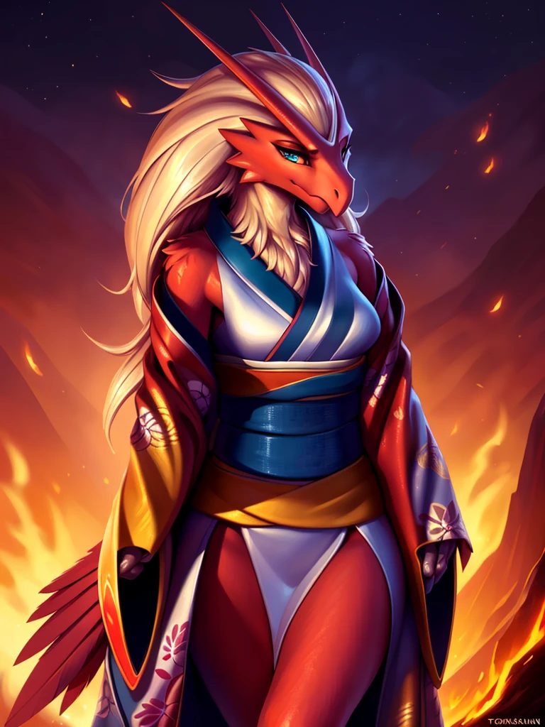 uploaded on e621, ((Blaziken)) by Pixelsketcher, by Bayard Wu, by Thomas Benjamin Kennington , by Einshelm, anthro, ((portrait, face focus, close-up)), BREAK, ((kimono:1.2)), wearing a kimono, long flowing kimono, red kimono, fire design on kimono, full body kimono)), (detailed Bonifasko lighting), (detailed feathers), (detailed fur), (female Blaziken), BREAK, ((long flowing hair)), ((facing viewer)), (cinematic lighting), ((detailed background)), ((upper body portrait view)), (((portrair view))), (half body shadow), [backlighting], [crepuscular ray], [detailed ambient light], [gray natural lighting], [ambient light on the belly], (higher wildlife feral detail), [sharp focus], (shaded), ((masterpiece), medium breasts, furry Blaziken, bird face, furry Fantasy Art, furry Art, Commission for High Res, anthro Art, POV furry Art,Sakimichan beautiful, masterpiece, best quality, detailed image, bright colors, detailed face, perfect lighting, perfect shadows, perfect eyes, girl focus, blue eyes, flawless face, face focus, long flowing kimono, bird girl, feathers, feathers woman, large long muzzle, colorful feathers, gaze at the viewer, half-closed eyes, 1girl, full body, (masterpiece:1.21), (best quality:1.2), (illustration:1.2), (cinematic lighting:1.3), detailed fur, balanced coloring, global illumination, ray tracing, good lighting, feathers, anthro, looking at viewer, (standing outside, in volcano, fire and snoke, woman looking at viewer, woman looking at camera, fire in open hands, in a fighting pose, wearing red kimono, close-up photo, face focus