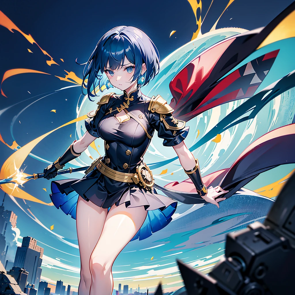 dark blue hair, sky blue inner hair,A military-like temperament、Dynamic bob cut hairstyle short hair woman 1.8,、Orange Eyes 1.8、Wearing a futuristic black and white military uniform with gold and red accents..5, Includes armor-like shoulder pads and strategic fastenings.9. Short leather boots、Hot pants in the same color as the outfit 1.9、She puts one hand on her hip、Standing confidently with the other hand slightly extended。, Looking into the distance. The background shows a desolate landscape with broken high-rise buildings., Streets etc., Beautifully illuminated sky at sunset, Create a dangerous and violent atmosphere. Light comes from the left, Cast a dramatic shadow、emphasize her strength, A breezy way of running,Powerful pose. In a scene captured from a low angle、, Focus on her, The background is a bit blurred, Show a shallow depth of field.Anime girl in a short skirt and black top, Ayaka Genshin Impact, Amazing anime 8k, Best anime 4k konachan wallpaper, Trending on ArtStation and pixiv, Portrait of a female anime hero, Highly detailed official artwork, Female Action Anime Girl, Anime Wallpaper 4K, 4K Anime Wallpapers, anime art wallpaper 4k、One light blue teardrop-shaped earring on the left ear only.8、Emerald green jewel anklet on the left foot 1.8