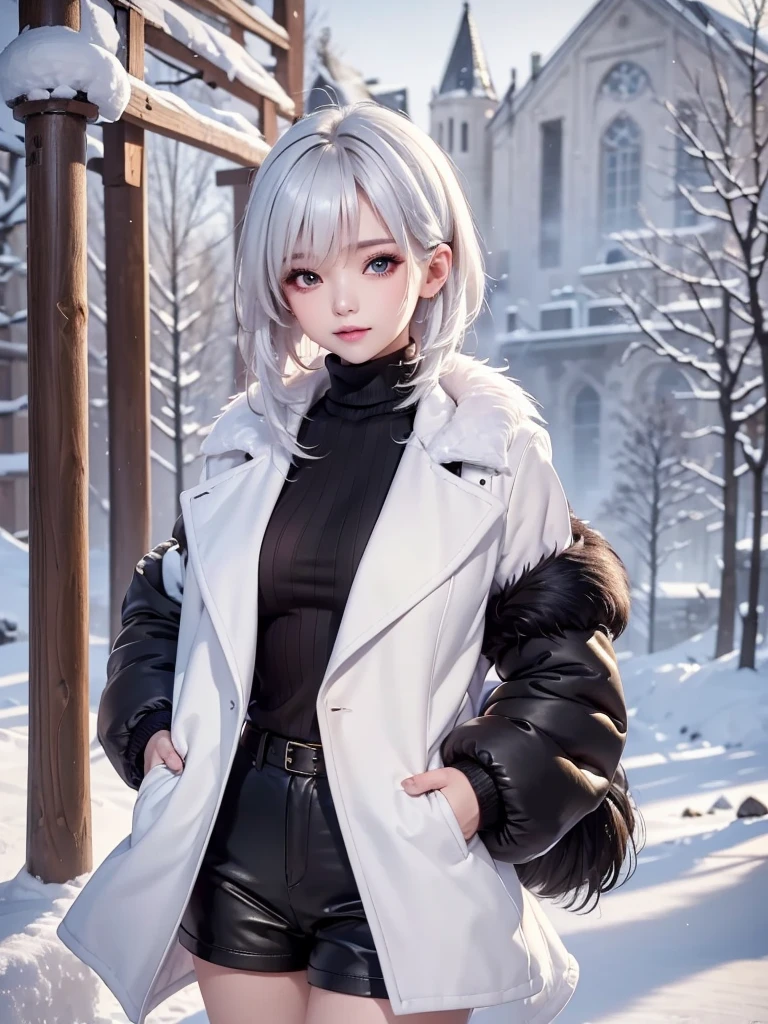 masterpiece:1.5, highquality. 1girl, turtleneck sweater, sideboob, black short pants,  white hair, fur coat, medium breasts, bright skin. background:winter ruins, snow fall