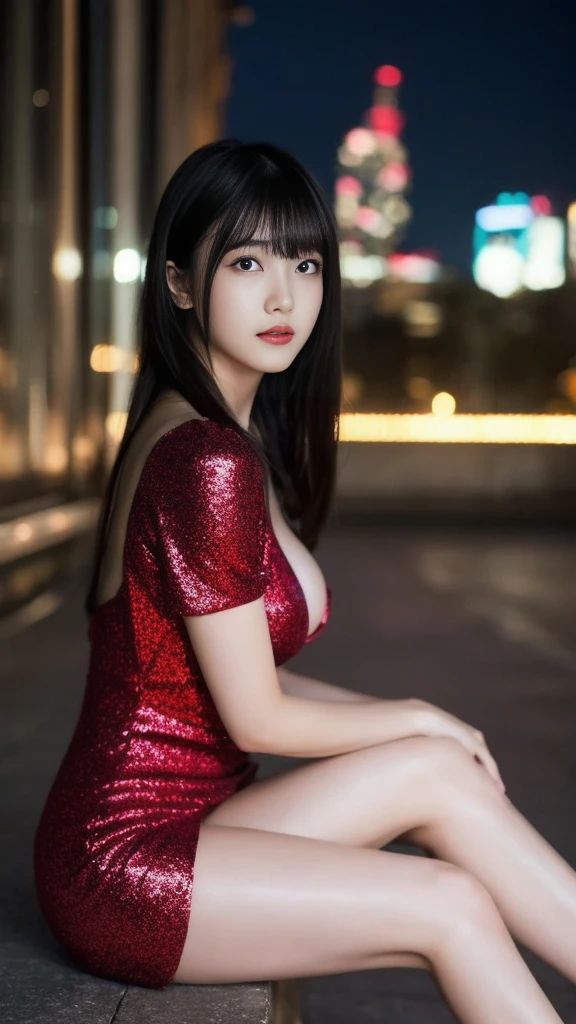 1girl,(wearing a red glittery evening mini dress:1.2),(RAW photo, best quality), (realistic, photo-realistic:1.4), masterpiece, an extremely delicate and beautiful, extremely detailed, 2k wallpaper, Amazing, finely detail, extremely detailed CG unity 8k wallpaper, ultra-detailed, highres, soft light, beautiful detailed girl, extremely detailed eyes and face, beautiful detailed nose, beautiful detailed eyes,cinematic lighting,city lights at night,slender body,(long hair with bangs), big breast, full body:1.4, sitting.