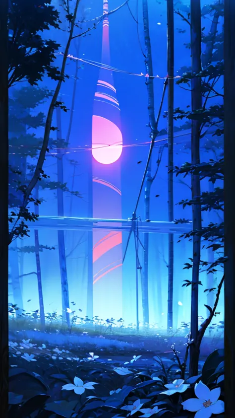 blossom forest, colorful, ((detailed)), ((4k)), night, dhine moon, viral wallpaper, anime wallpaper, tiktok