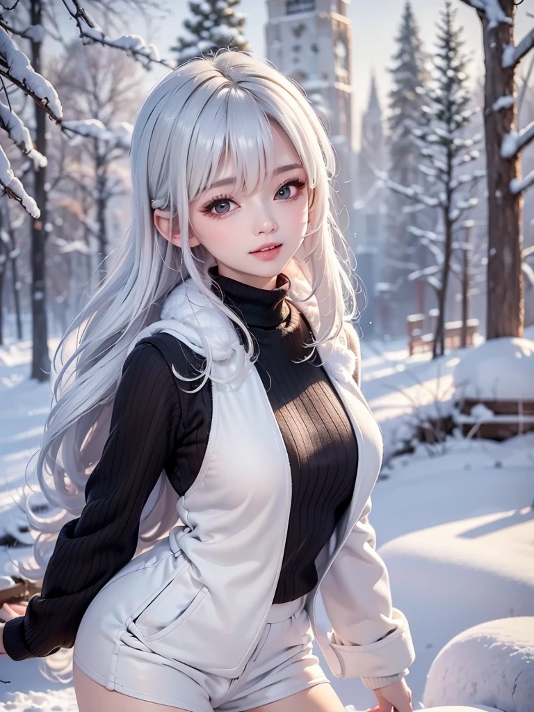 masterpiece:1.5, high quality. 1girl, black turtleneck sweater, sideboob, black short pants,  pantyhose, white hair, fur white coat, medium breasts, bright skin. background: winter ruins, snow fall