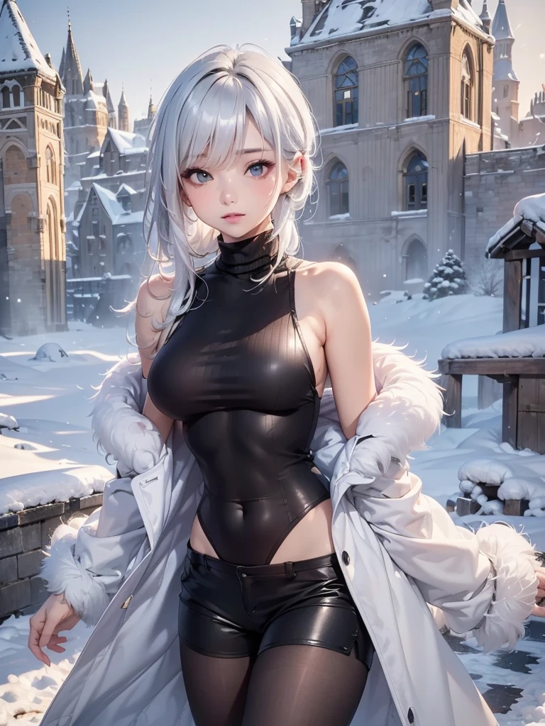 masterpiece:1.5, high quality. 1girl, black turtleneck sweater, sideboob, black short pants, pantyhose, white hair, fur white coat, medium breasts, bright skin. background: winter ruins, snow fall
