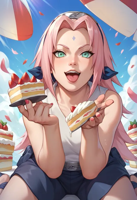 sakura haruno from naruto, pink hair, green eyes, smashing a cake with her feet, crushing a cake using her feet