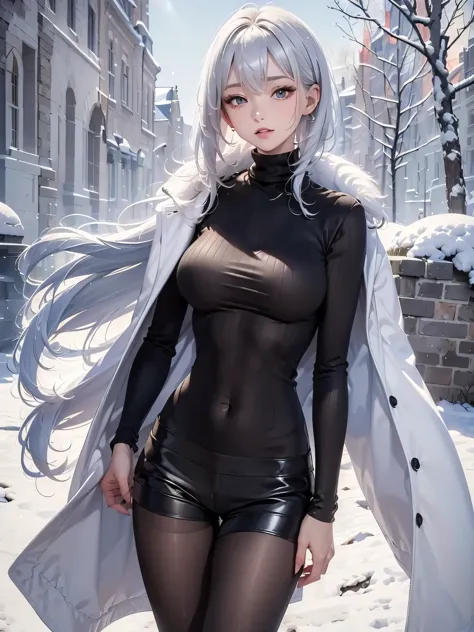 masterpiece:1.5, high quality. 1girl, black turtleneck sweater, sideboob, black short pants, pantyhose, white hair, fur white co...