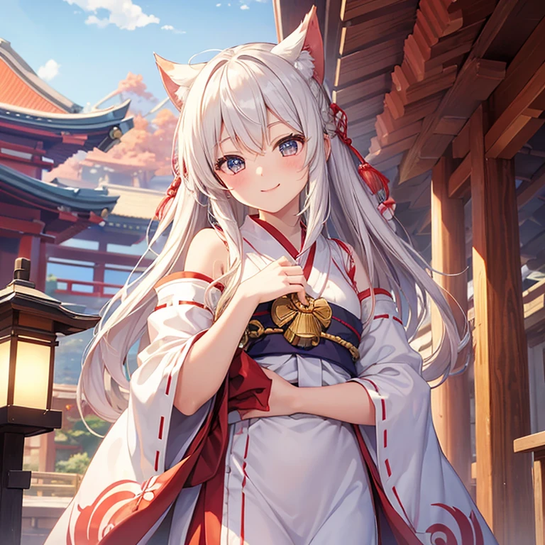 (Best Quality),(masterpiece),One Girl、Iris、Cream colored hair long、smile、Open the shrine maiden&#39;s clothes wide、nakedflashing、Small breasts、(Simple Bra)、(Simple Panties)、Facing forward、Background overlooking cherry blossoms and Senbon Torii gates、Perfect Anatomy、Super detailed