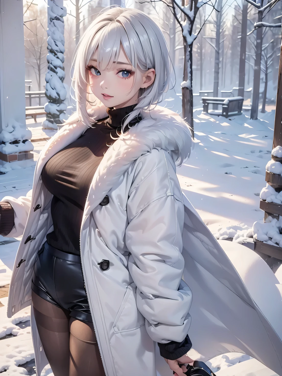 masterpiece:1.5, high quality. 1girl, turtleneck sweater, sideboob, black short pants, pantyhose, white hair, fur white coat, medium breasts, bright skin. background: winter ruins, snow fall
