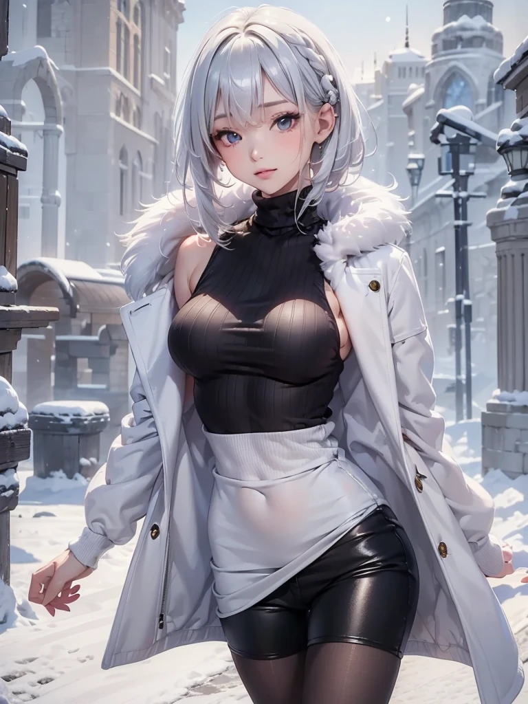 masterpiece:1.5, high quality. 1girl, turtleneck sweater, sideboob, black short pants, pantyhose, white hair, fur white coat, medium breasts, bright skin. background: winter ruins, snow fall
