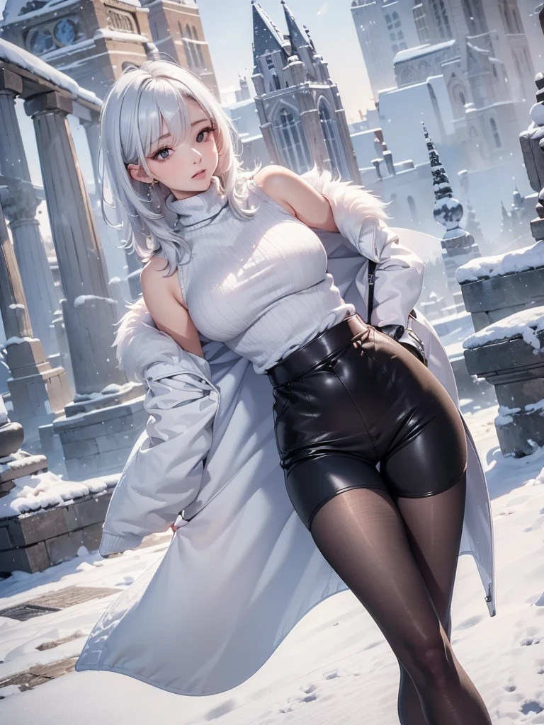 masterpiece:1.5, high quality. 1girl, turtleneck sweater, sideboob, black short pants, pantyhose, white hair, fur white coat, medium breasts, bright skin. background: winter ruins, snow fall
