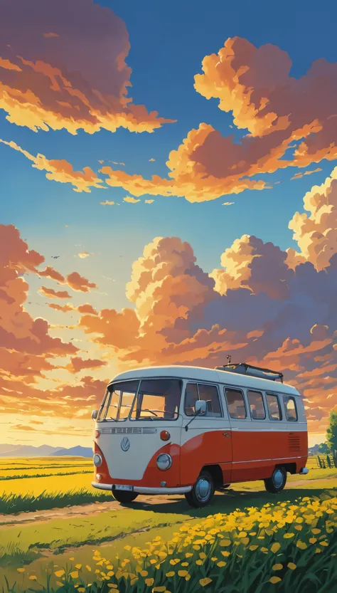 (minimalism:1.4), draw a simple tintin style art a minibus camping sunset clouds , studio ghibli art, miyazaki,  , makoto shinka...