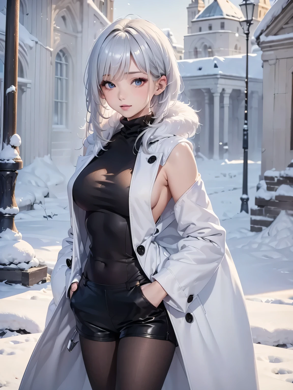 masterpiece:1.5, high quality. 1girl, turtleneck sweater, sideboob, black short pants, pantyhose, white hair, fur white coat, medium breasts, bright skin. background: winter ruins, snow fall
