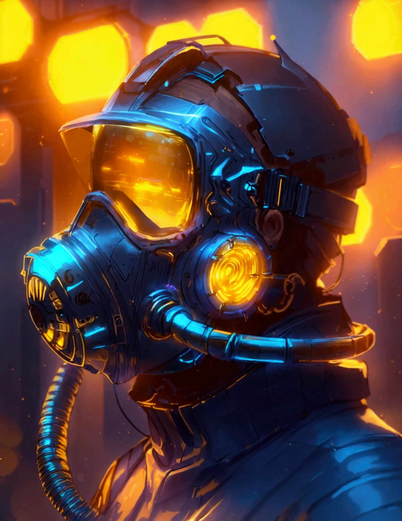  man, Gas mask with tubes, Futuristic brought, luces LED, oranges and blues, shiny metallic mask cover, Detailed effects and realistic lighting..3D rendering, shine, Plano americano, Plano americano, masterpiece, 