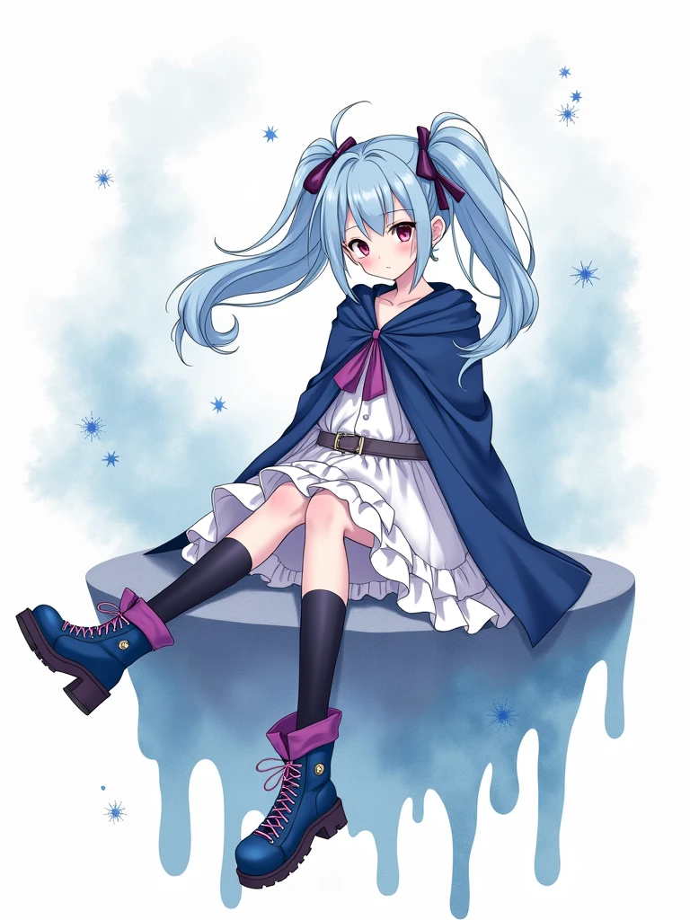 A stylized anime girl,Dreamy,Light blue double ponytail,Hair fluttering,Watercolor smudge,Close your eyes and immerse yourself,Calm expression,Large dark blue cape,Starry sky spots,White ruffled skirt,Black knee socks,Blue and purple thick-soled boots,Pink laces,Sharp contrast,Floating Stone Platform,Liquid dripping,Melt Diffusion,Fantastic,Close-up of face,White background,Watercolor blue-gray spots,Elegant and surreal,Fresh and simple,The lines are soft