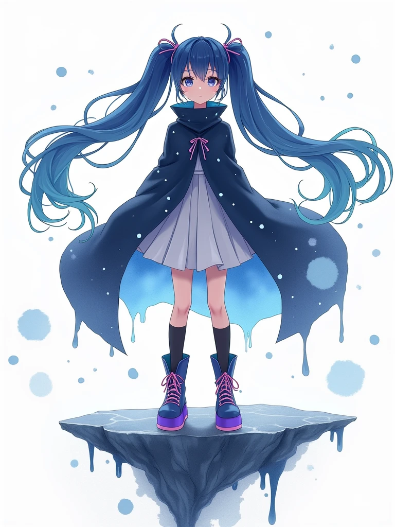 A stylized anime girl,Dreamy,Light blue double ponytail,Hair fluttering,Watercolor smudge,Close your eyes and immerse yourself,Calm expression,Large dark blue cape,Starry sky spots,White ruffled skirt,Black knee socks,Blue and purple thick-soled boots,Pink laces,Sharp contrast,Floating Stone Platform,Liquid dripping,Melt Diffusion,Fantastic,Close-up of face,White background,Watercolor blue-gray spots,Elegant and surreal,Fresh and simple,The lines are soft