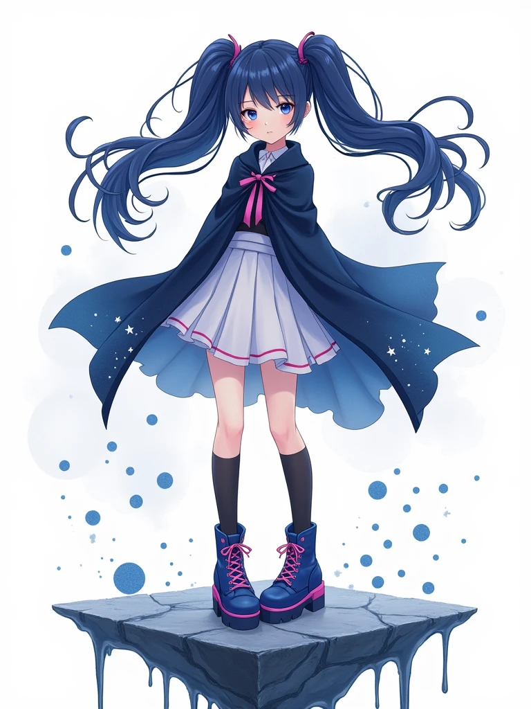 A stylized anime girl,Dreamy,Light blue double ponytail,Hair fluttering,Watercolor smudge,Close your eyes and immerse yourself,Calm expression,Large dark blue cape,Starry sky spots,White ruffled skirt,Black knee socks,Blue and purple thick-soled boots,Pink laces,Sharp contrast,Floating Stone Platform,Liquid dripping,Melt Diffusion,Fantastic,Close-up of face,White background,Watercolor blue-gray spots,Elegant and surreal,Fresh and simple,The lines are soft