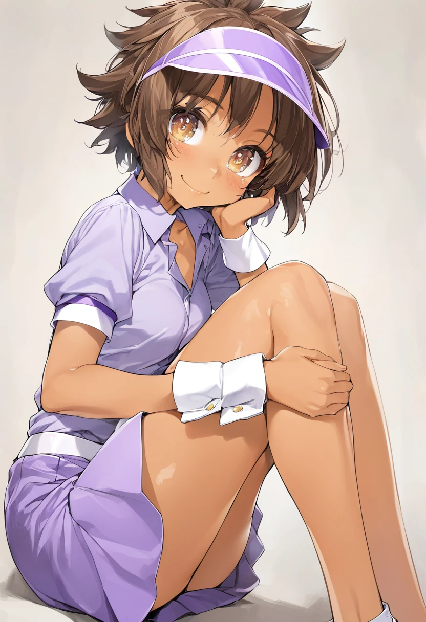 1girl, (brown hair, short messy hair, brown eyes, tanned skin) (purple visor, purple collared shirt, purple skirt, white wristcuffs) (smiling, hypnotized eyes, sitting, looking at viewer)