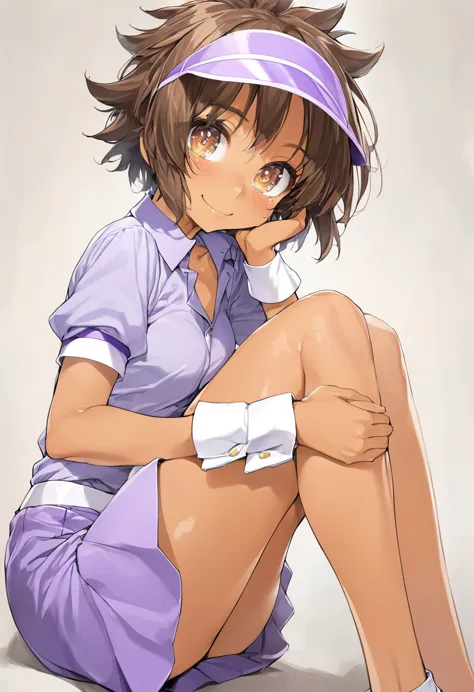 1girl, (brown hair, short messy hair, brown eyes, tanned skin) (purple visor, purple collared shirt, purple skirt, white wristcu...