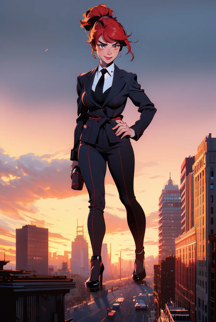  Young adult 1 woman, beautiful curves a massive curvy thighs redhead ponytail red lips wearing a perfect crimson pinstriped suit and blazer with a ((massive thick and massive black necktie, windosr knot the size of a fist)) white crisp shirt, massive breasts. Black Platform high heels, colossal breasts. Platform high heels , standing, giantess art, tie bar, highly detailed giantess shots, giantess, most detailed, perfect face, Two legs, Five fingers, short hair, A girl who is bigger than a skyscraper, standing on very small city, skyscarpers at their feet, skyscrapers small, smile, huge breasts, major metropolis, numerous cities, , A very small big city, Miniature metropolis, Full body description, GTS, giga giantess, gigagts, stomping city, crash city, tiny city, micro city, , High resolution, highest quality, masterpiece,  tiny destroyed skyscrapers city, illustration, skyscrapers size of small toys standing behind and very far away from city, (masterpiece, best quality, best shadows, best shading, perfect hands, perfect face, cinematic lighting, colorful, ultra-detailed, beautiful photography, character focus, extremely-detailed, photorealistic, hyper photorealism, atmospheric), ), (giantess, stereotypical office boss), (dirty, filthy, unwashed, sweaty, unkempt, happy, tired, exhausted, annoyed), ((walking, mid stride:1.2, stepping down on:1.2, stomping, crush, rampage)), (black patent Louboutin rounded toe pumps, high heels, platform heels), ((,)), ((long ponytail hair with front bangs)), (high altitude photography, satellite view), (curvy, , heaving bosom, legs), (mega city, urban sprawl, and small towns, buildings, roads), (((cloudy, overcast, clouds and atmosphere partly obscuring the subject:1.2, hazy atmosphere, haze in foreground, wispy clouds)))