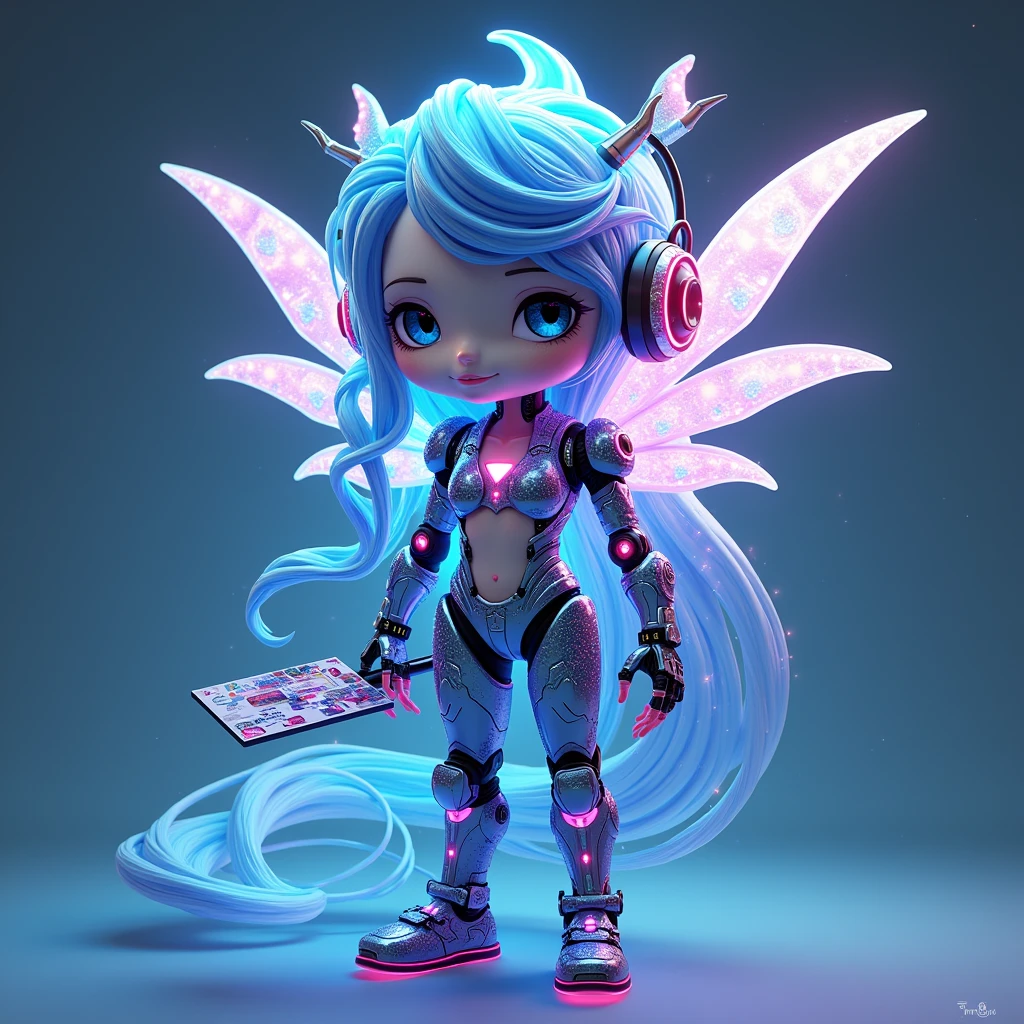 theme{
A character that symbolizes AI and advanced technology, and a symbol of generation services that connect people all over the world and that anyone can enjoy and use.
}

menu{
Mascot character Name: Cyber ​​Spirit Artie (AI Tea)
}

material{
AI elements: Incorporate holograms and flowing data patterns into the hair and wings to create a digital feel. Incorporating some futuristic Cyberborg-like parts to create a sense of advanced technology.Cyberborg vibe: Emphasize the futuristic feel with metallic accents and mechanical body parts (for example, digital equipment on hands and ears).Sea spirit + AI fusion design: A hybrid appearance that combines the transparency of mermaids and fairies with the mechanical elements of cyber. The hair and wings are designed to make water and digital flow.Global elements: Incorporate decorations inspired by countries around the world (for example, ethnic patterns or national flag designs) on the body to express global connections.
}

spices{
Creativity: a creative being with art toolsKindness: A gentle personality that connects people around the worldFuturistic feeling: symbol of advanced technology and AI
}

How to make {
Adding cyber parts to sea elements, it combines a fantastic appearance and futuristic details. Give inspiration to people around the world by giving them brushes and palettes.
}

decoration {
In addition to the sea motif, the design incorporates light and cyber effects.Neon colors (blue, purple) are used as accents to create a futuristic feel.
}

quality{
She has a high degree of perfection as a global, artistic, and futuristic character.
}

finish{
Cyber ​​Spirit Artie is a Mascot character that combines the beauty of a sea spirit with futuristic technology. She is an attractive cute character who is the face of the generation service, symbolizing friendliness and creativity and connecting people around the world.
}

Please be more conscious of the theme and how you create it.