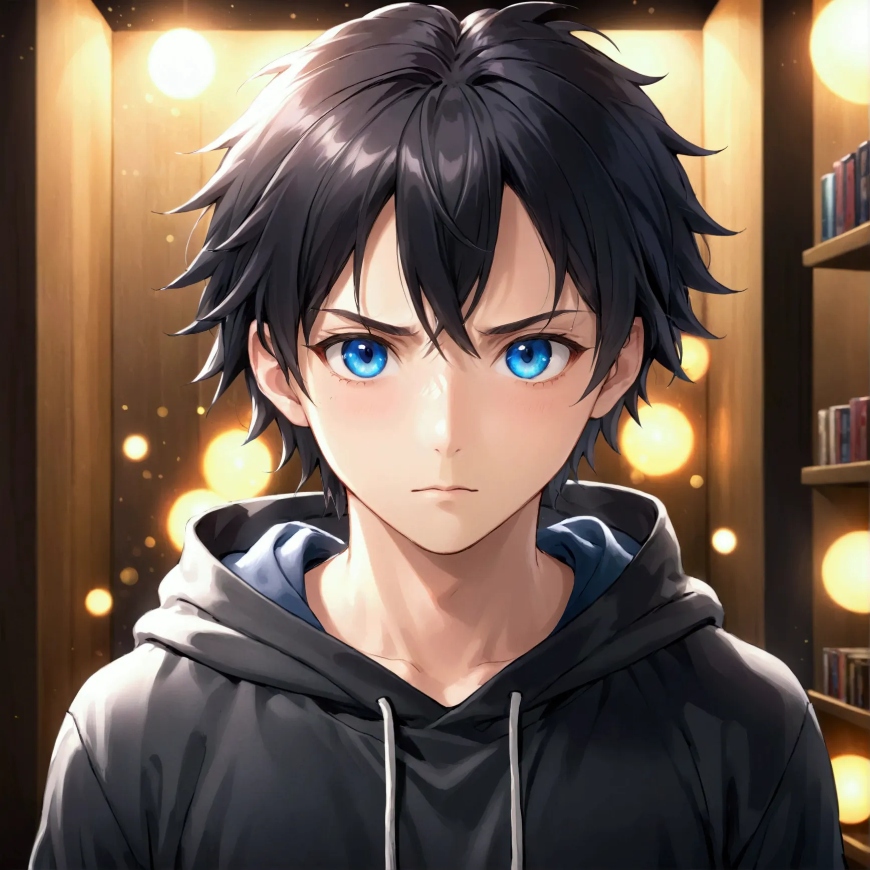 1 boy, anime style, black hair, blue eyes, black hoodie, looking at camera, best quality, 4k, 8k, highres, masterpiece, ultra-de...