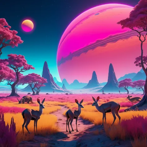 landscape on a strange alien planet, twin suns, atmospheric colours, fields, trees in the background, dense foliage, animals, pi...