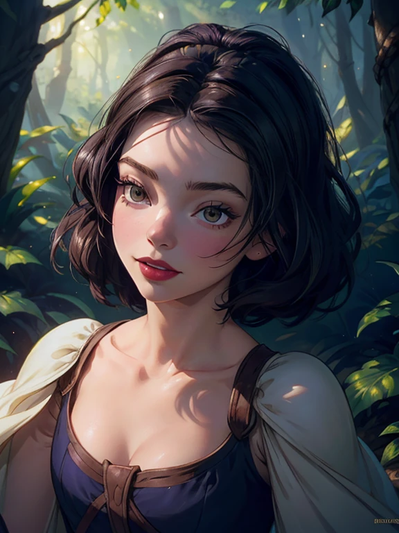 a beautiful girl, Anya Taylor-Joy, as snow white in a magical forest, surrounded by cute animals, beautiful detailed eyes, beautiful detailed lips, smiling happily, intricate details, vibrant colors, cinematic lighting, ethereal atmosphere, fantasy, 8k, high resolution, photorealistic, masterpiece