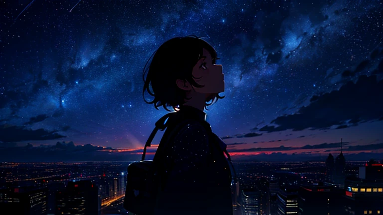 City Night, Beautiful starry sky, Silhouette of a woman looking up, 