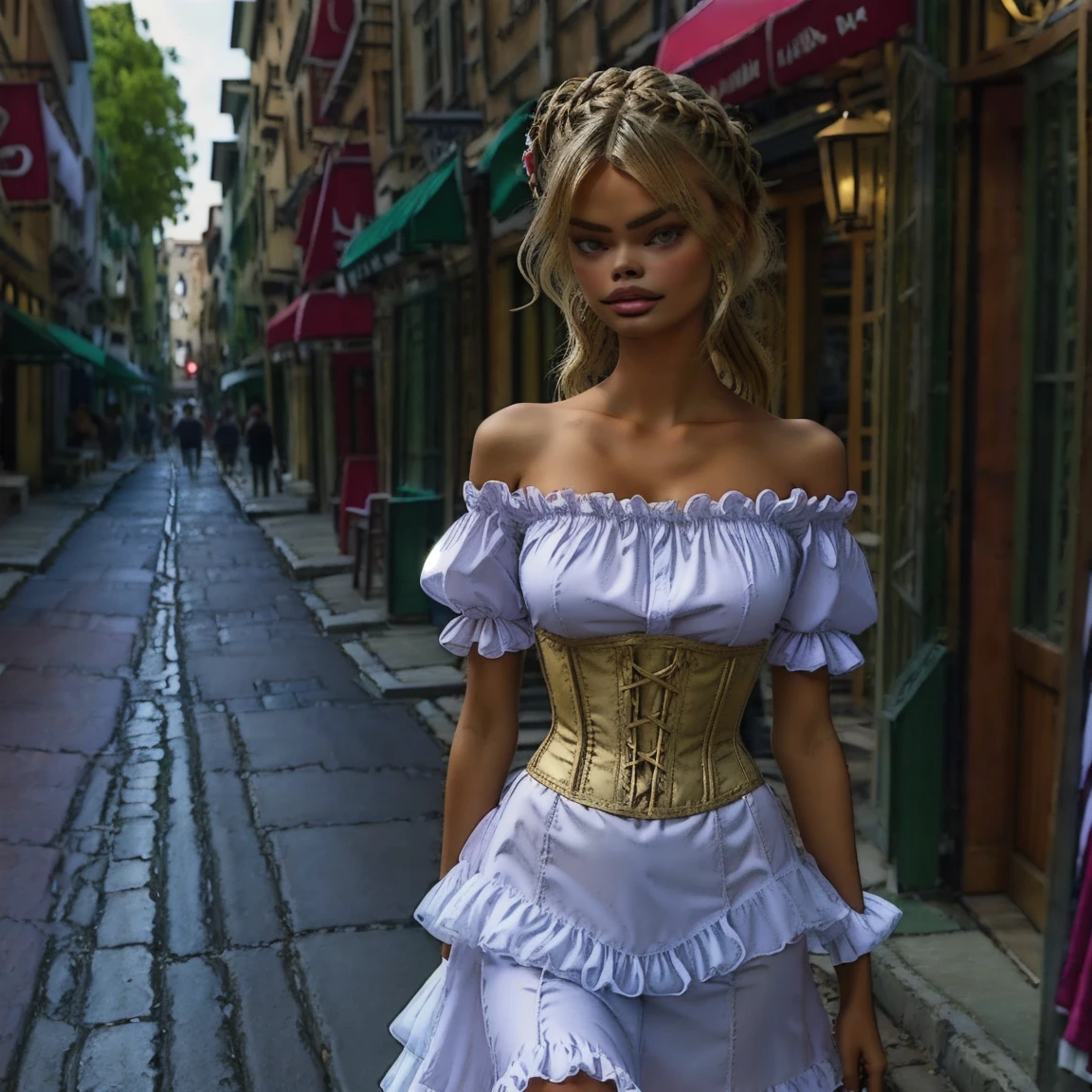 slmn, frida aasen,1girl, skinny, petite, masterpiece,best quality,highres,ultra-detailed,aadarjeeling,braid,bangs,medieval,long sleeves, rapunzel dress is a red-colored gown with puffed sleeves and a corset-style bodice. The bodice is typically decorated with intricate lace or floral embroidery. The skirt flows out from the waist, made of layers of soft, pastel-colored fabric, such as chiffon or tulle.old village,standing,:smile,  courtesan of the sixteenth century, off shoulder