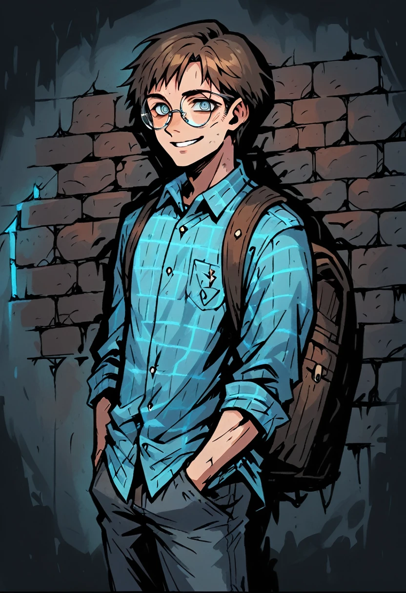 Medium close-up of a pale, slender boy, brown-haired, korean perm hairstyle, straight black hair, contrast blue-gray eyes. He has polite smile expression, looking directly at the viewer, with a finely detailed, ultra-clear face. Hands in hands in pants pockets. He wears oversized round glasses and a clean nvay blue plaid shirt. Leather backpack. The background features a weathered brick wall with navy blue neon light, creating dark, atmospheric scene. Highly detailed, inspired by Chris Bourassa's. Dramatic lightning, navy blue neon behind. Somber character design with thick outlines.
