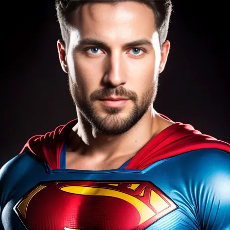 1man muscular male wear a superman suit, red long cape, 30 years old，small beard, sexy and charming expression，gloomy eyes，blue ...