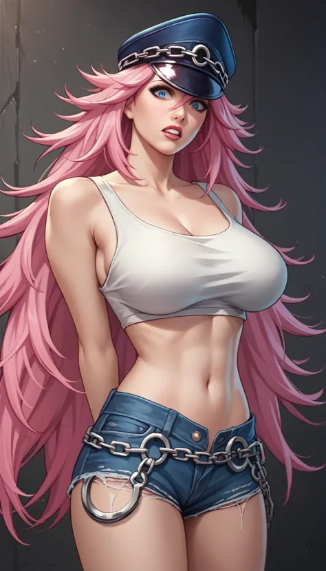 score_9, score_8_up, score_7_up, masterpiece, high quality 1girl, pink long hair, nail polish, poison, white crop top, huge , ha...