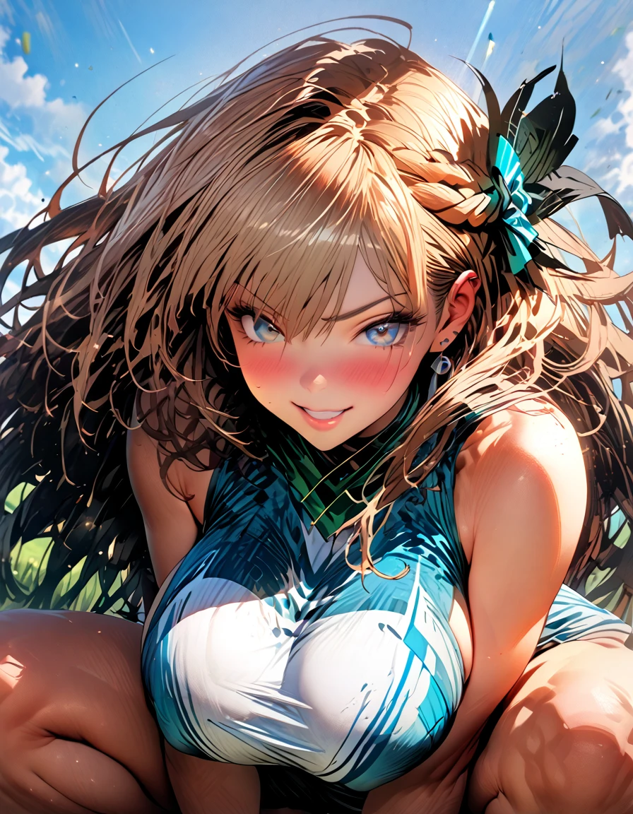 (Silence Suzuka)、(((Squat)))、(((Spread your legs)))、(((Super huge huge breasts))),blue sky、Grassland Stadium、(((Show me your crotch)))、(sexy)、(Full body description)、{{{Browse with caution}}}、{{{masterpiece}}}, {{{Best Quality}}}, {{ultra-detailed}}, {{shape}}, {{{Very delicate and beautiful}}},{{extremely detailed CG}}、{{unity 8k portrait}}、{{Fabric Shading}}、{{super detailed skin}}、{{Perfect Anatomy}}、{{detailed}}、{{Dynamic Lighting}}、{{{beautiful detailed eyes}}}、{{{beautiful detailed Face}}}、{{{Realistic, RAW Photos}}}、(Perfect Face)、(非常にdetailedな顔)、(Perfect Eyes)、(Highlights)、(Perfect Legs)、(Perfect breasts)、(Perfect pose)、(Perfect body)