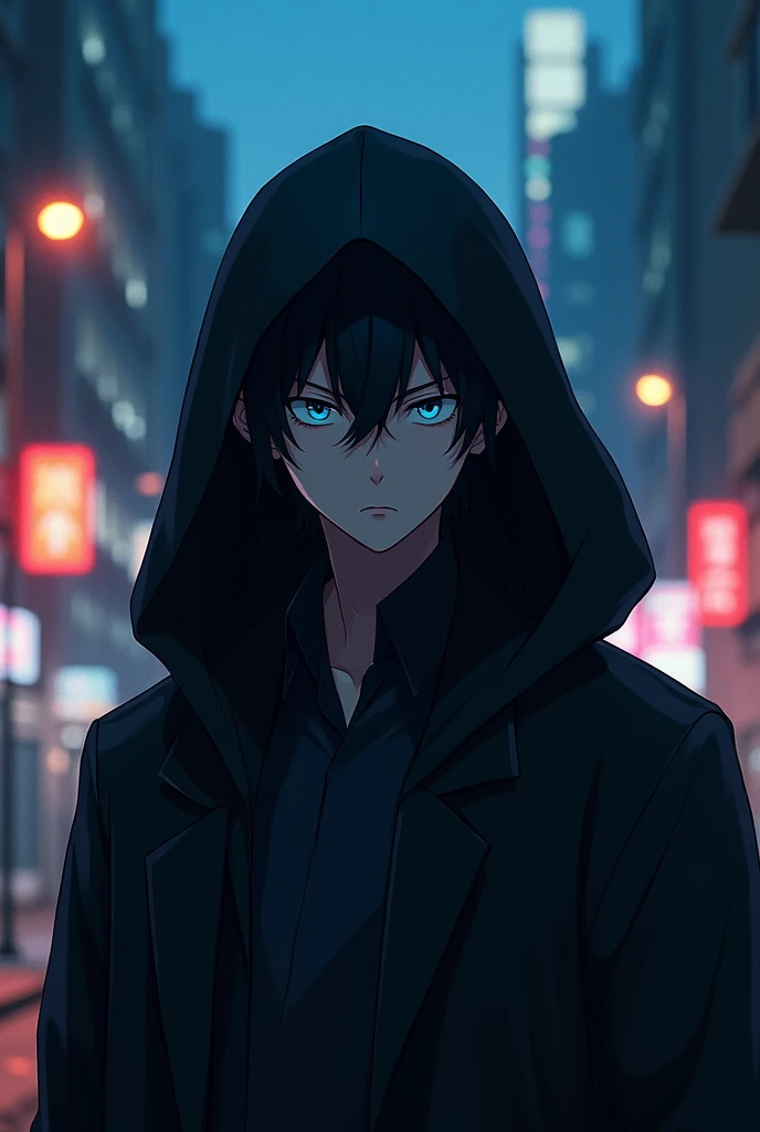 1 man, dark anime ninja, extremely detailed black hair, piercing blue eyes, black hooded jacket, direct eye contact, (best quality,4k,8k,highres,masterpiece:1.2), ultra-detailed, (realistic,photorealistic,photo-realistic:1.37), HDR, UHD, studio lighting, ultra-fine painting, sharp focus, physically-based rendering, extreme detail description, professional, vivid colors, bokeh, anime art, konachan, anime wallpaper, 4k anime, manga, badass solo at night city