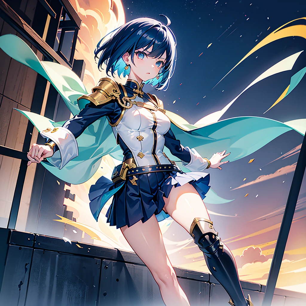 dark blue hair, sky blue inner hair,A military-like temperament、Dynamic bob cut hairstyle short hair woman 1.8,、Orange Eyes 1.8、Wearing a futuristic black and white military uniform with gold and red accents..5, Includes armor-like shoulder pads and strategic fastenings.9. Short leather boots、Hot pants in the same color as the outfit 1.9、She puts one hand on her hip、Standing confidently with the other hand slightly extended。, Looking into the distance. The background shows a desolate landscape with broken high-rise buildings., Streets etc., Beautifully illuminated sky at sunset, Create a dangerous and violent atmosphere. Light comes from the left, Cast a dramatic shadow、emphasize her strength, A breezy way of running,Powerful pose. In a scene captured from a low angle、, Focus on her, The background is a bit blurred, Show a shallow depth of field.Anime girl in a short skirt and black top, Ayaka Genshin Impact, Amazing anime 8k, Best anime 4k konachan wallpaper, Trending on ArtStation and pixiv, Portrait of a female anime hero, Highly detailed official artwork, Female Action Anime Girl, Anime Wallpaper 4K, 4K Anime Wallpapers, anime art wallpaper 4k、One light blue teardrop-shaped earring on the left ear only.8、Emerald green jewel anklet on the left foot 1.8