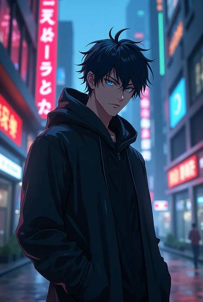 1 man, dark anime ninja, extremely detailed black hair, piercing blue eyes, black hooded jacket, direct eye contact, (best quali...