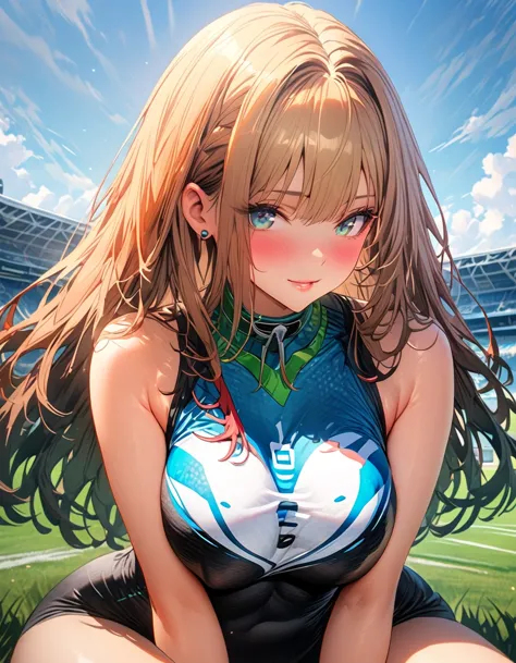 silence suzuka、(squat)、(with legs apart)、(super huge breasts),blue sky、grassland stadium、(show me your crotch)、{{{browse with ca...