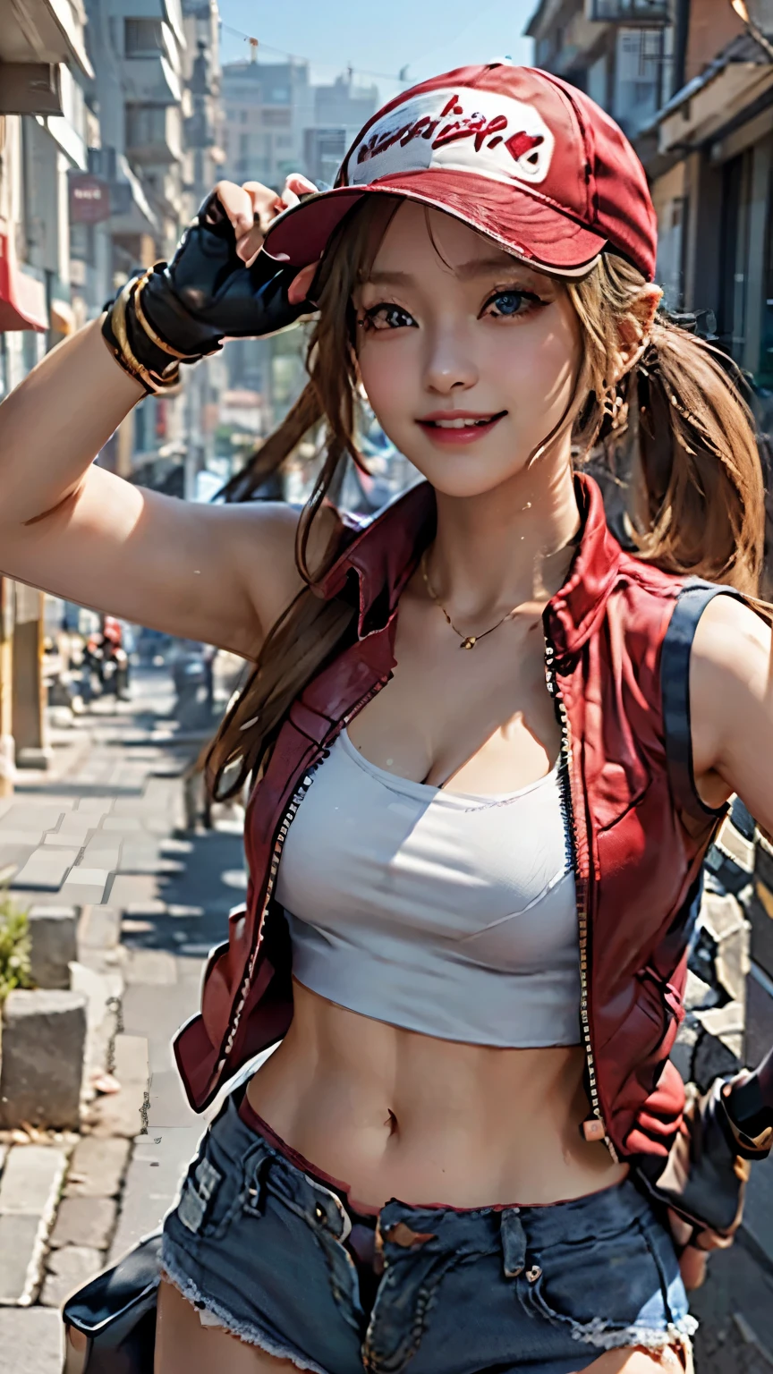 (masterpiece), best quality, expressive eyes, perfect face, highres, (8k), (perfect face), (ultra details), 1 girl, solo, terry bogard girl, blonde hair, ponytail, long hair, blue eyes, BREAK, ((red baseball cap)), ((red sleeveless jacket)), BREAK, ((fingerless gloves)), (denim shorts), shoes, hands on own chest , blushing, ((smile)), posing, portrait, ((Blue sky)), (((street background))), (((looking at viewer))), ((cowboy shot))