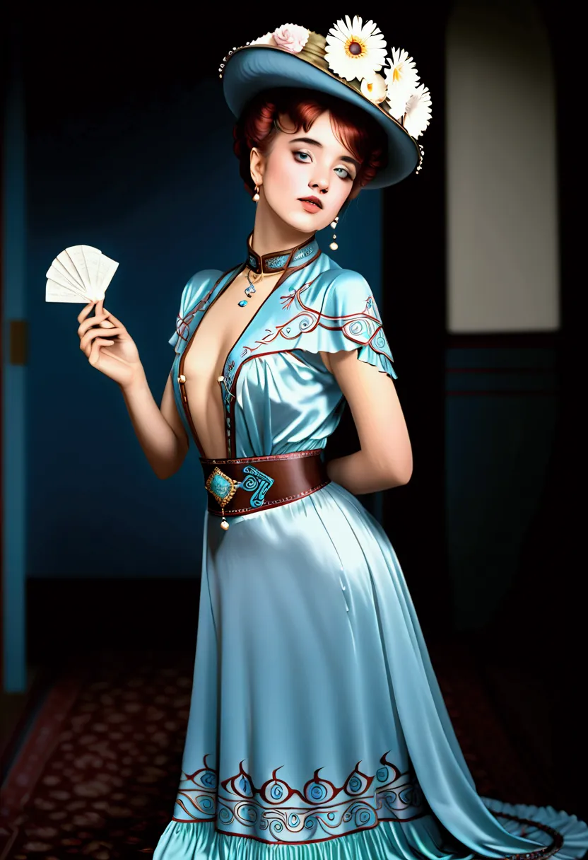 half length shot, hasselblad,  fujifilm color photo of beautiful shapely 15yo gibson girl wearing ornate intricate, embroidered ...