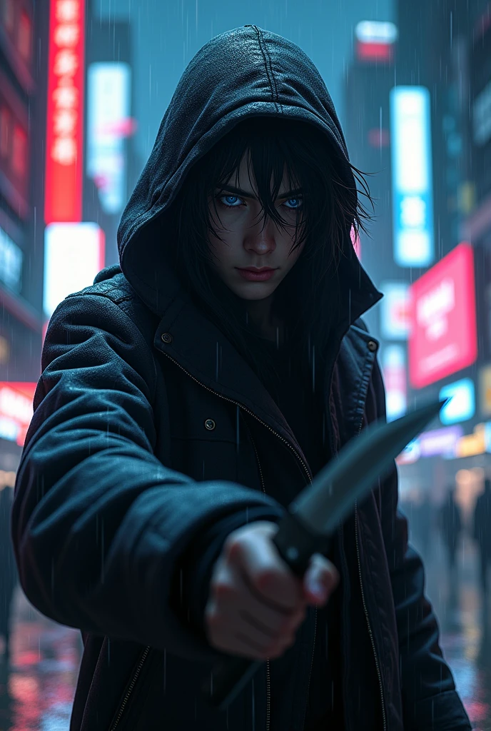 1 man, dark anime ninja, extremely detailed black hair, piercing blue eyes, black hooded jacket, direct eye contact, holding a knife, cyberpunk night city, neon lights, rain, motion blur, dramatic lighting, cinematic atmosphere, hyper-realistic, 8K, HDR, physically-based rendering, extreme detail, vivid colors, professional, studio lighting, sharp focus, masterpiece, ultra-detailed