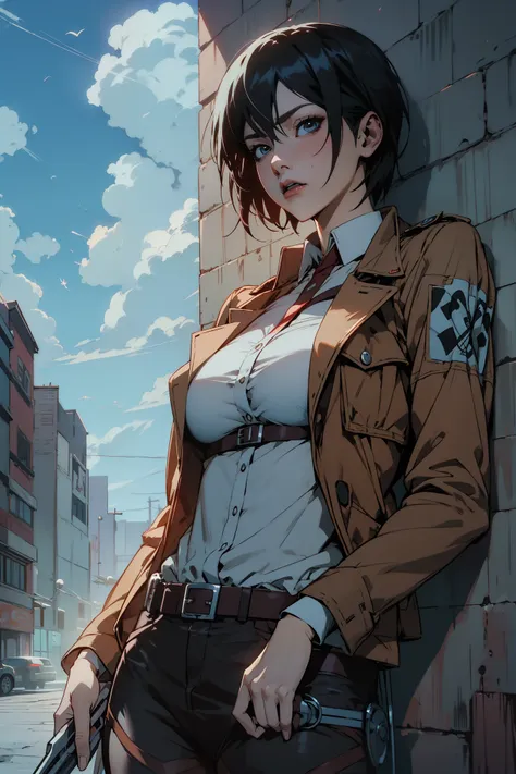 score_9, score_8_up, score_7_up,1 girl,minomi, anime style,solo,mikasa ackerman, shingeki no kyojin city background,shingeki no kyojin wall background, shingeki no kyojin unmilitary uniform, holding 2 shingeki no kyojin swods,shingeki no kyojin titans background