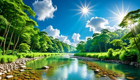 "a serene natural landscape with a clear river flowing through dense green forest.. clear blue sky with some soft white clouds, ...